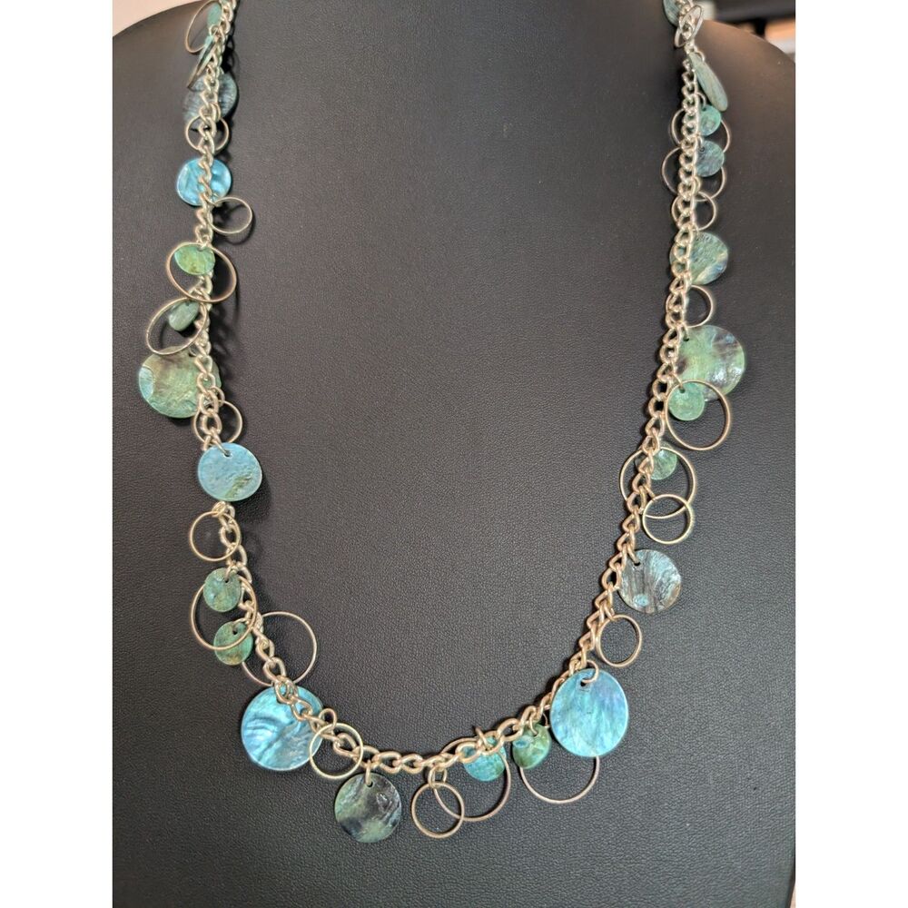 Vintage 28" Turquoise Capiz Shell Coin Necklace - Silver Tone Layering Boho